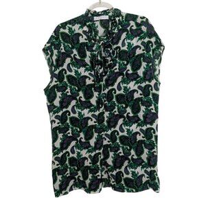 Sandro Paris Paisley Silk Top Womens Size 2 White Green Sleeveless Shirt